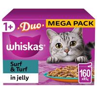 160 x 85g Whiskas 1+ Adult Wet Cat Food Pouches Duo Surf & Turf in Jelly