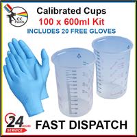 Professional Calibrated Plastic Paint Mixing Cups/Pots 600ml/600cc x 100