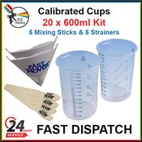 Professional Calibrated Plastic Paint Mixing Cups/Pots 600ml/600cc x 20 & MORE!