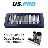 US PRO DEEP SOCKET SET 10PC 3/8 DRIVE METRIC LONG REACH 10-19MM 3237