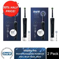 Oral-B Vitality Pro Electric Rechargeable Toothbrush w/ 2 Brush Heads Black, 2pk