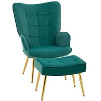 HOMCOM Button Tufted Armchair with Footstool and Gold Tone Steel Legs Dark Green