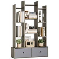 HOMCOM 12-Tier Bookshelf, Bookcase w/ 2 Folding Drawer, Graphite Wood Effect