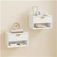 HOMCOM Floating Bedside Tables Set of 2 w/ Fluted Drawer Open Shelf Refurbished
