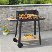 Garden Charcoal BBQ Grill Wooden Shelf Outdoor Brazier Wheels Barbeque Steel