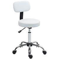 HOMCOM Rolling Stool with Backrest, Wheels, Faux Leather Salon Chair, White