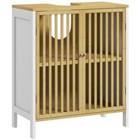 HOMCOM Under Sink Bathroom Cabinet, Bamboo Sink Storage Cabinet Slat Doors