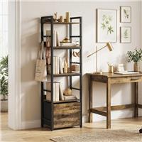 HOMCOM 4-Tier Bookshelf, Shelving Unit with Drawer, 8 Hooks, Brown Refurbished