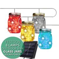 8 Solar Glass Jar Coloured LED Festoon Garden String Lights Fairy Outdoor IP44