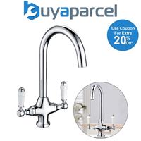 Twin Lever Traditional Mono Kitchen Sink Mixer Brass Tap Spout Ceramic Handle