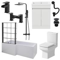 Black Bathroom Suite 1700mm LH Bath Toilet Vanity Taps Shower Screen Waste