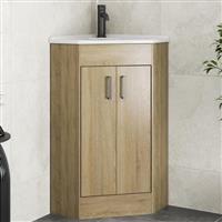 Oak Wood Corner Vanity Unit with Basin - 585mm - Double Doors Modern Bathroom