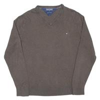 TOMMY HILFIGER Mens Jumper Brown V-Neck Tight Knit L - L Regular
