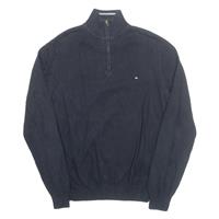 TOMMY HILFIGER Mens Jumper Black 1/4 Zip Tight Knit L - L Regular