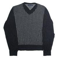 TOMMY HILFIGER Mens Patterned Jumper Grey Houndstooth V-Neck Tight Knit L - L Regular