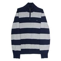 TOMMY HILFIGER Mens Patterned Jumper Grey Striped 1/4 Zip Tight Knit L - L Regular