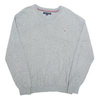 TOMMY HILFIGER Mens Jumper Grey V-Neck Tight Knit L - L Regular