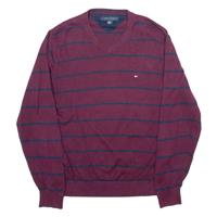 TOMMY HILFIGER Mens Patterned Jumper Maroon Striped V-Neck Tight Knit M - M Regular