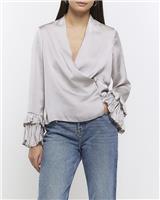 River Island Womens Silver Satin Long sleeved Top Size 10