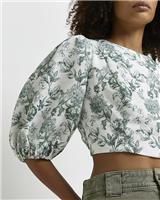 River Island Womens Green Cotton Short sleeved Croptop Top Size 10