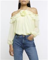 River Island Womens Yellow Chiffon Long sleeved Top Size 10