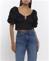 River Island Womens Black Poplin Short sleeved Croptop Top Size 10