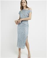 River Island Womens Blue Maxi Bodycon Sequin Dress Size 16