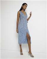 River Island Womens Blue Midi A line Sequin Dress Size 14