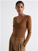 Reiss Womens Brown Silk V-Neck Long sleeved Top Size S