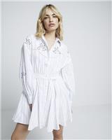 River Island Womens White Cotton Mini Blouson Striped Dress Size 14