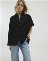 River Island Womens Black Broderie Short sleeved Shirt Size M