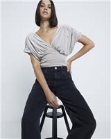 River Island Womens Beige Velvet Short sleeved Body Top Size 8