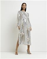 River Island Womens Silver Maxi Smock-dress Sequin Dress Size 6