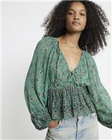 River Island Womens Green Viscose Long sleeved Body Top Size 10