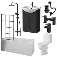Complete Bathroom Suite Black Bath Shower Screen Vanity Basin Taps Toilet 1700