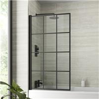 Matt Black Grid Bath Shower Screen Hinged Door Framed Safety Glass Panel 800mm