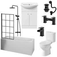 Complete Bathroom Suite Black Bath Shower Screen Basin Vanity Taps Toilet 1700