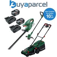 Bosch Rotak 18V-34 Cordless Lawnmower 34cm & Grass & Hedge Trimmer 2x 4.0Ah Batt