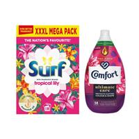 130W Surf TropicalLily LaundryPowder&58W ComfortFuchsiaPassion FabricConditioner