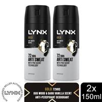 Lynx Gold 72 HRS Anti Sweat Anti-Perspirant Body Spray for Men, 2x150ml