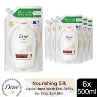 Dove Moisturising Liquid HandWash Refill Nourishing Silk for Soft Hands, 6x500ml