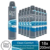 Dove Men+Care Anti-Perspirant Clean Comfort 72H Protection Deo 200ml, 18 Pack
