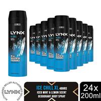 Lynx XL Ice Chill Body Spray Deo 48H Fresh Iced Mint & Lemon Scent 200ml, 24 Pk