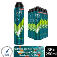 Sure Men Antiperspirant Deodorant Extreme Dry 72H NonStop Protection 250ml, 36Pk