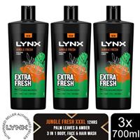 Lynx 3in1 Body, Face & Hair Wash Shower Gel Extra Fresh Jungle Fresh 700ml, 3pk