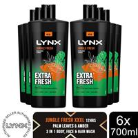 Lynx 3in1 Body, Face & Hair Wash Shower Gel Extra Fresh Jungle Fresh 700ml, 6pk
