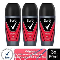Sure Men Original Antiperspirant Roll On 48H Sweat & Odour Protection, 3x50ml