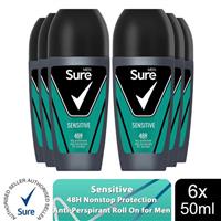 Sure Men Sensitive Antiperspirant Roll On 48H Sweat & Odour Protection, 6x50ml