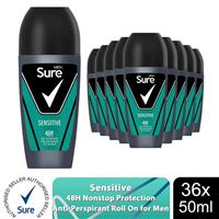 Sure Men Sensitive Antiperspirant Roll On 48H Sweat & Odour Protection, 36x50ml