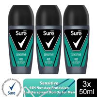 Sure Men Sensitive Antiperspirant Roll On 48H Sweat & Odour Protection, 3x50ml